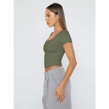 Trendy Queen Short Sleeve T Shirts for Women Double Lined Going Out Tops Summer Spring Workout Gym Clothes ArmyGreen XS