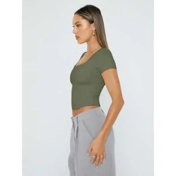 Trendy Queen Short Sleeve T Shirts for Women Double Lined Going Out Tops Summer Spring Workout Gym Clothes ArmyGreen XS