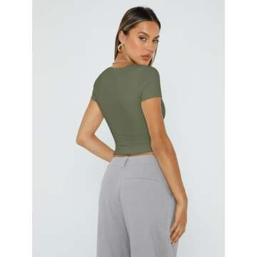 Trendy Queen Short Sleeve T Shirts for Women Double Lined Going Out Tops Summer Spring Workout Gym Clothes ArmyGreen XS