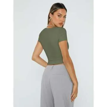 Trendy Queen Short Sleeve T Shirts for Women Double Lined Going Out Tops Summer Spring Workout Gym Clothes ArmyGreen XS