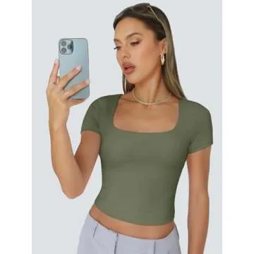 Trendy Queen Short Sleeve T Shirts for Women Double Lined Going Out Tops Summer Spring Workout Gym Clothes ArmyGreen XS