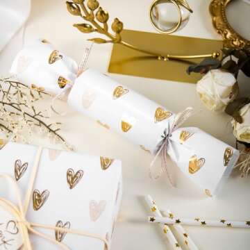 MAYPLUSS Foil Hearts Wrapping Paper Roll - 17 Inch X 33 Feet - Luxury Metallic Golden Heart Design Holiday Gift Wrap Present Paper for Valentine’s Day, Birthdays, Wedding, Anniversaries