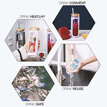 Kodrine 20oz Glass Water Bottle with Straw and Lid,Bamboo Lids Water Tumbler, Iced Coffee Cup Reusable, Wide Mouth Smoothies Cup, Straw Silicone Protective Sleeve BPA FREE-Black+Pink-2pack