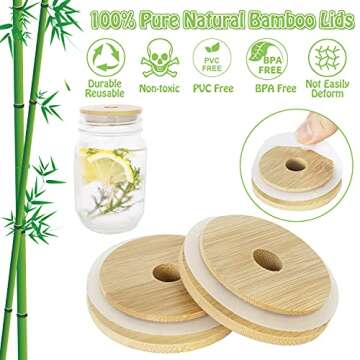 COLOROUND 2 Pack Mason Jar Lids with Straw Hole - Reusable Bamboo Lids with 3 Stainless Steel Straws & 1 Brush for Regular Mouth Mason Jars