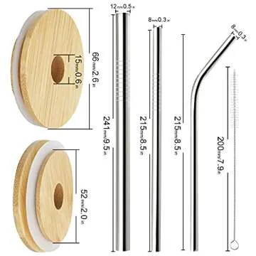 COLOROUND 2 Pack Mason Jar Lids with Straw Hole - Reusable Bamboo Lids with 3 Stainless Steel Straws & 1 Brush for Regular Mouth Mason Jars