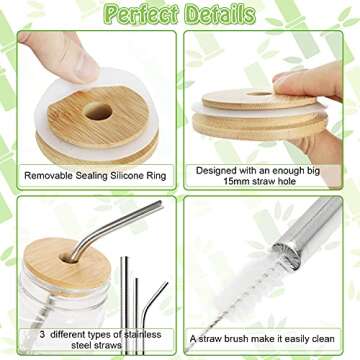 COLOROUND 2 Pack Mason Jar Lids with Straw Hole - Reusable Bamboo Lids with 3 Stainless Steel Straws & 1 Brush for Regular Mouth Mason Jars
