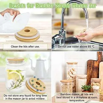 COLOROUND 2 Pack Mason Jar Lids with Straw Hole - Reusable Bamboo Lids with 3 Stainless Steel Straws & 1 Brush for Regular Mouth Mason Jars