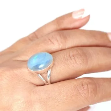 JEWELOPORIUM White Moonstone Silver Ring Size 8 for Women, Genuine Chunky Oval Gemstone Jewelry