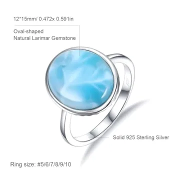 925 Sterling Silver Larimar Ring for Women, 12x15mm Oval Larimar Statement Ring Natural Gemstone Eternity Band Ring