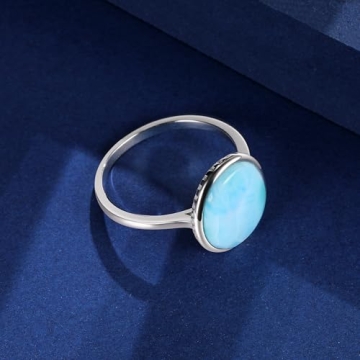 925 Sterling Silver Larimar Ring for Women, 12x15mm Oval Larimar Statement Ring Natural Gemstone Eternity Band Ring