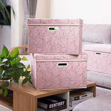 PRANDOM Larger Collapsible Storage Boxes with Lids Fabric Decorative Bins Cubes Organizer Containers Baskets Handles Divider for Bedroom Closet Living Room Pink 17.7x11.8x11.8 Inch 3 Pack