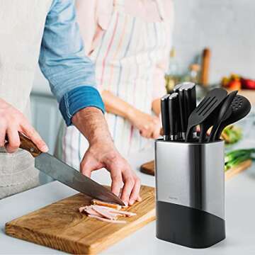 Universal Knife Block without Knives and Utensil Holder for Countertop, Matoyo 2-in-1 Stainless Steel Kitchen Knife Holder for Kitchen Counter, Fingerprint Resistant (Knife/Utensil Holder Silver)