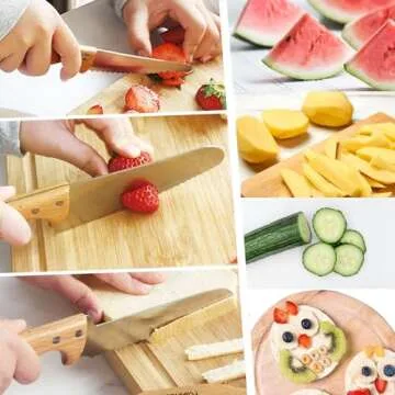 Kibbidea Kids Knife Set for Real Cooking, 4pcs Kids Safe Kitchen Cutting Knives, Stainless Steel Blades, Children First Starter knife, BPA-free (Silver)