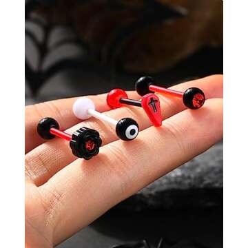 COCHARM 4PCS Black Red Coffin Tongue Rings Acrylic Flexible 14g Plastic Tongue Rings Flat Flower Ton...