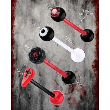 COCHARM 4PCS Black Red Coffin Tongue Rings Acrylic Flexible 14g Plastic Tongue Rings Flat Flower Tongue Rings Red CZ Tongue Barbell Black White Eye Tongue Piercing Jewelry