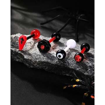 COCHARM 4PCS Black Red Coffin Tongue Rings Acrylic Flexible 14g Plastic Tongue Rings Flat Flower Tongue Rings Red CZ Tongue Barbell Black White Eye Tongue Piercing Jewelry