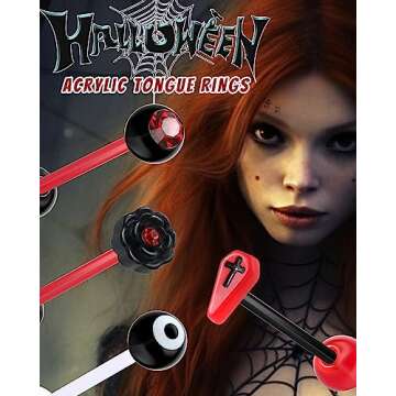 COCHARM 4PCS Black Red Coffin Tongue Rings Acrylic Flexible 14g Plastic Tongue Rings Flat Flower Tongue Rings Red CZ Tongue Barbell Black White Eye Tongue Piercing Jewelry