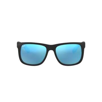 Ray-Ban RB4165 Justin Rectangular Sunglasses, Rubber Black/Blue Flash, 55 mm