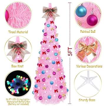 FHOZGECY Pop Up Christmas Tree, 5FT Collapsible Christmas Tree with 30 LED Multicolor Lights, Tinsel...