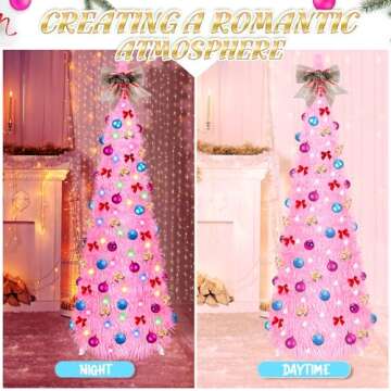 FHOZGECY Pop Up Christmas Tree, 5FT Collapsible Christmas Tree with 30 LED Multicolor Lights, Tinsel Pencil Christmas Tree with Ball Bowknot Gift Box for Indoor, Party, Xmas, Home,Office Decor