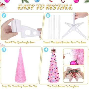 FHOZGECY Pop Up Christmas Tree, 5FT Collapsible Christmas Tree with 30 LED Multicolor Lights, Tinsel Pencil Christmas Tree with Ball Bowknot Gift Box for Indoor, Party, Xmas, Home,Office Decor