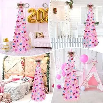 FHOZGECY Pop Up Christmas Tree, 5FT Collapsible Christmas Tree with 30 LED Multicolor Lights, Tinsel Pencil Christmas Tree with Ball Bowknot Gift Box for Indoor, Party, Xmas, Home,Office Decor