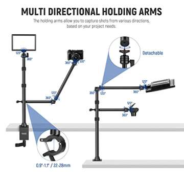 NEEWER Camera Desk Mount Stand with Two Auxiliary Holding Arms, Overhead Camera Mount Tabletop C Clamp 360° Swivel Ball Heads for DSLR, Webcam, Photography, Videography, Live Streaming, Zoom Calls