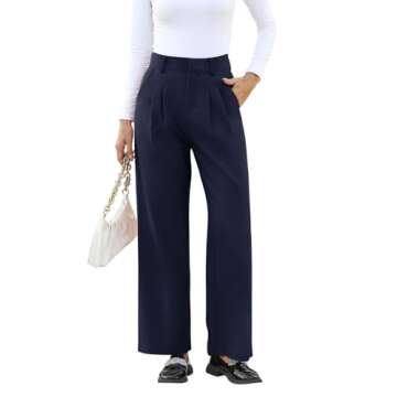 NIMIN High Waisted Work Pants for Women Office Business Casual Pants Dressy Trousers Wide Leg Slacks with Pockets 2024 Navy Blue Medium