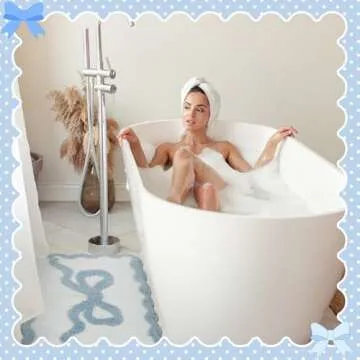 Tinideya Scalloped Bow Bathroom Mat Non Slip Coquette Bow Rug Cute Aesthetic Scallop Carpet Preppy Room Decor Microfiber Absorbent Bath Rug for Bathroom Bathtub Shower Bedroom(Blue,16" X 24")