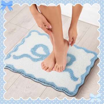 Tinideya Scalloped Bow Bathroom Mat Non Slip Coquette Bow Rug Cute Aesthetic Scallop Carpet Preppy Room Decor Microfiber Absorbent Bath Rug for Bathroom Bathtub Shower Bedroom(Blue,16" X 24")