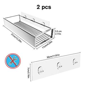 Roseyat Bathroom Adhesive Shower Caddy Basket Shelf with Hooks, No Drilling Removable Bathroom Shelf Organizer,Stainless Steel Rustproof Shower Rack for Shampoo Storage, Sponge Holder-Silver
