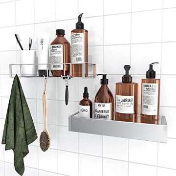 Roseyat Bathroom Adhesive Shower Caddy Basket Shelf with Hooks, No Drilling Removable Bathroom Shelf Organizer,Stainless Steel Rustproof Shower Rack for Shampoo Storage, Sponge Holder-Silver