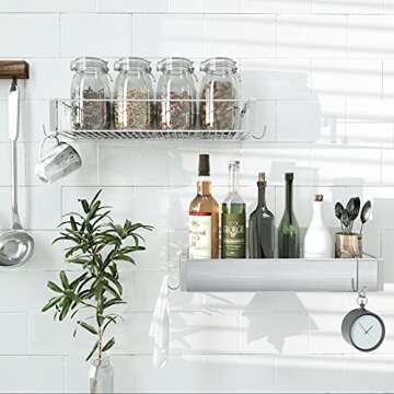 Roseyat Bathroom Adhesive Shower Caddy Basket Shelf with Hooks, No Drilling Removable Bathroom Shelf Organizer,Stainless Steel Rustproof Shower Rack for Shampoo Storage, Sponge Holder-Silver