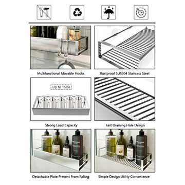 Roseyat Bathroom Adhesive Shower Caddy Basket Shelf with Hooks, No Drilling Removable Bathroom Shelf Organizer,Stainless Steel Rustproof Shower Rack for Shampoo Storage, Sponge Holder-Silver