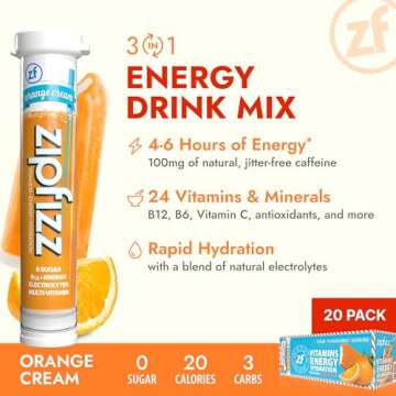 Zipfizz Daily Energy Drink Powder, Orange Cream, 20 Pack | 3-in-1 Sustained Energy, Rapid Hydration,...