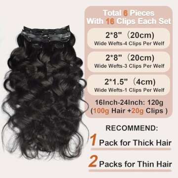 Body Wave Clip in Hair Extensions Real Human Hair Clip ins 100% Brazilian Virgin Hair PU Seamless Clip in Hair Extensions Human Hair Natural Black Hair for Women 120 Gram 6 Pcs 20Inch