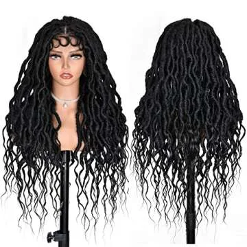 ANNISOUL Black Faux Locs Wigs for Black Women Curly Goddess Faux Locs Crochet Hair Full Lace Braid Wig with Baby Hair Braided Wig Goddess Dreadlock Wig