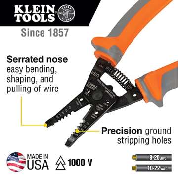 Klein Tools 11055RINS 1000V Insulated Klein Kurve Wire Stripper/Cutter, Made in USA, Cuts and Strips...