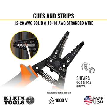 Klein Tools 11055RINS 1000V Insulated Klein Kurve Wire Stripper/Cutter, Made in USA, Cuts and Strips 10-18 Solid and 12-20 Stranded AWG Wire