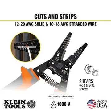 Klein Tools 11055RINS 1000V Insulated Klein Kurve Wire Stripper/Cutter, Made in USA, Cuts and Strips 10-18 Solid and 12-20 Stranded AWG Wire