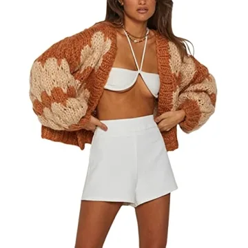 Women Y2K Crochet Cardigan Sweater Crop Long Sleeve