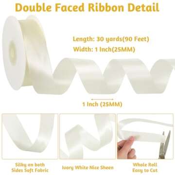 Double Faced Ivory Ribbon 1 Inch 30 Yards Cream Satin Ribbon for Gift Wrapping Crafts Flower Bouquet...