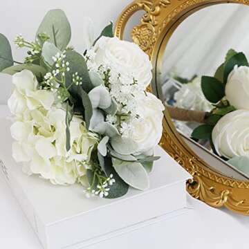 SEMONONIA Bridesmaid Bouquets Set of 6 - Ivory White Artificial Flowers Bouquet for Bridesmaids Wedd...