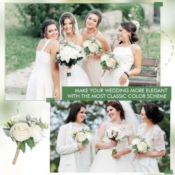 SEMONONIA Bridesmaid Bouquets Set of 6 - Ivory White Artificial Flowers Bouquet for Bridesmaids Wedding Small Floral Centerpieces for Marriage Proposal Party Anniversary Dining Table Decor -7 Inch