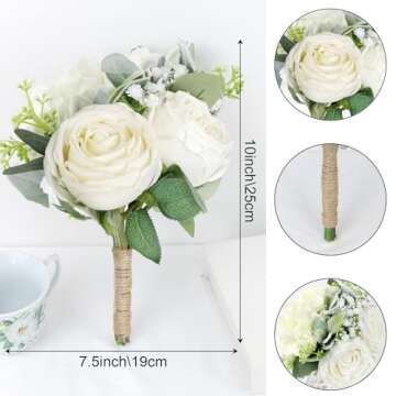 SEMONONIA Bridesmaid Bouquets Set of 6 - Ivory White Artificial Flowers Bouquet for Bridesmaids Wedding Small Floral Centerpieces for Marriage Proposal Party Anniversary Dining Table Decor -7 Inch
