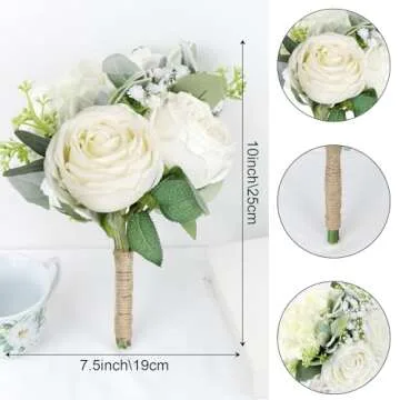 SEMONONIA Bridesmaid Bouquets Set of 6 - Ivory White Artificial Flowers Bouquet for Bridesmaids Wedding Small Floral Centerpieces for Marriage Proposal Party Anniversary Dining Table Decor -7 Inch