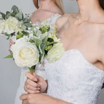 SEMONONIA Bridesmaid Bouquets Set of 6 - Ivory White Artificial Flowers Bouquet for Bridesmaids Wedding Small Floral Centerpieces for Marriage Proposal Party Anniversary Dining Table Decor -7 Inch