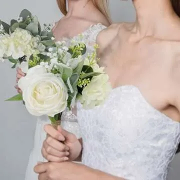 SEMONONIA Bridesmaid Bouquets Set of 6 - Ivory White Artificial Flowers Bouquet for Bridesmaids Wedding Small Floral Centerpieces for Marriage Proposal Party Anniversary Dining Table Decor -7 Inch