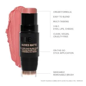 Nudestix Nudies Matte Cream Blush Stick 3-in-1 All Over Face Color - Blush Stick for Cheeks Eyes and Lips - Cream Blush for Cheeks w/Blending Brush (Naughty N' Spice)