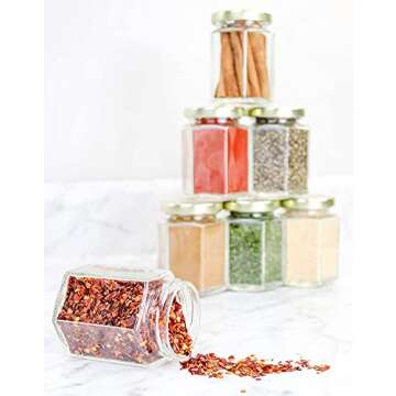 Cornucopia 6-Ounce Hexagon Glass Jars (12-Pack); Empty Hex Jars w/Gold Lids for Party Favors, Jams, Samples & More